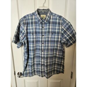 Outdoor Life Short Sleeve Blue Plaid 100% Cotton Button Up Shirt, Large